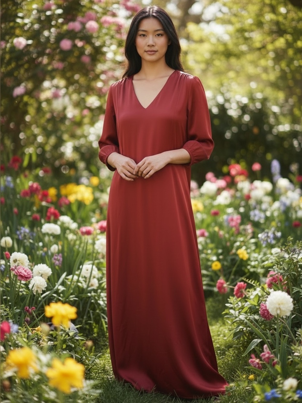 Soft Surroundings “Demetria” Pleated V-Neck Maxi Dress in Red Dahlia NWT